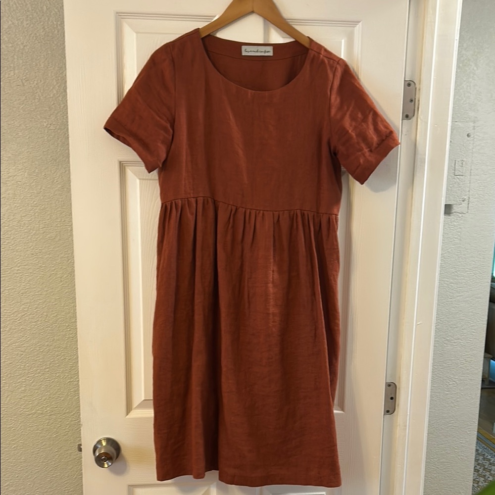 Midi Terracotta Linen Dress with Pockets
